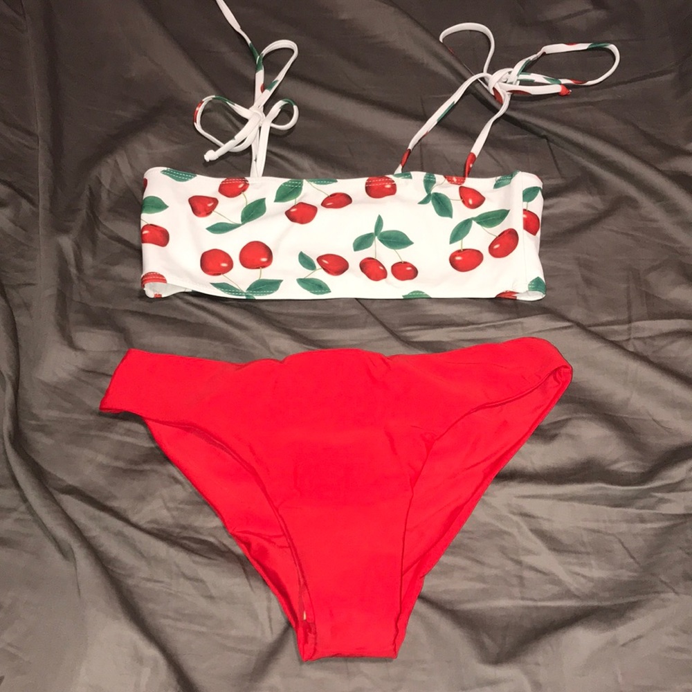 Cherry print bikini with red bottoms, never worn